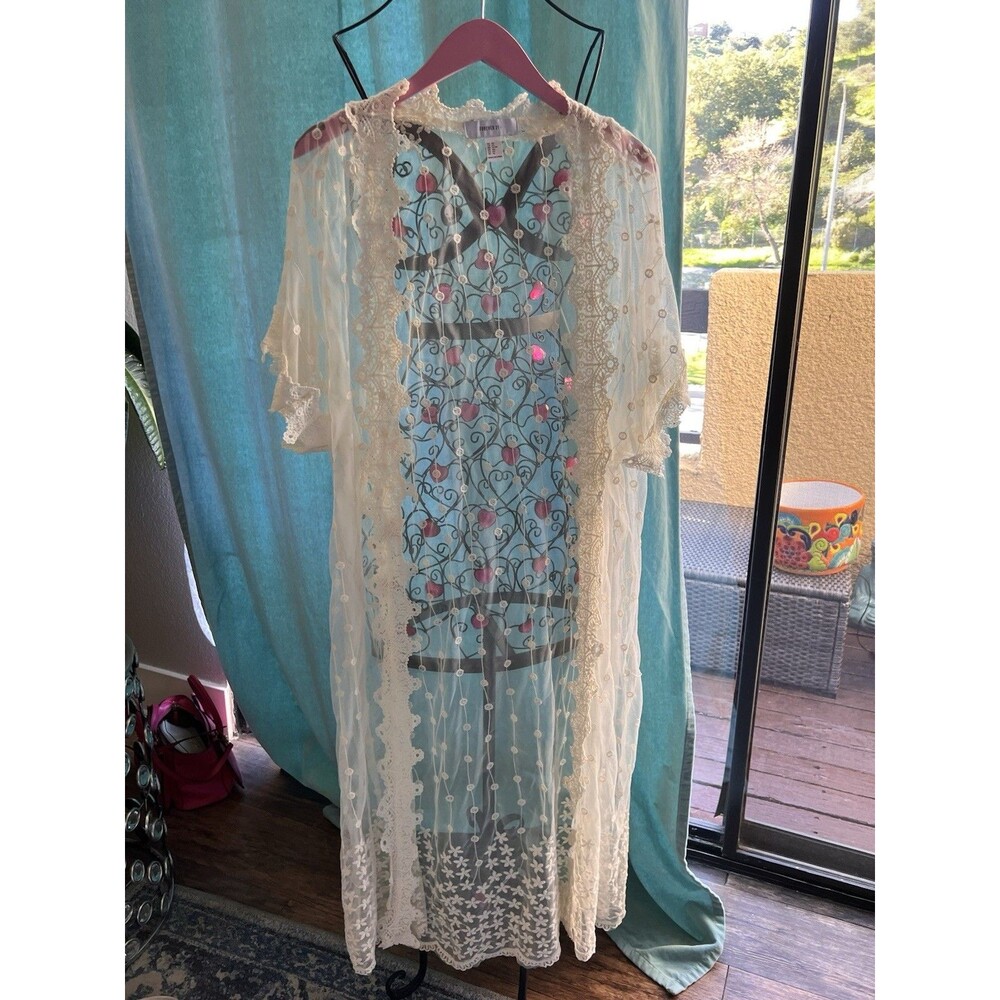 Forever 21 Lace Duster Jacket Neglige Cover-up Cream Size OX Short Sleeve